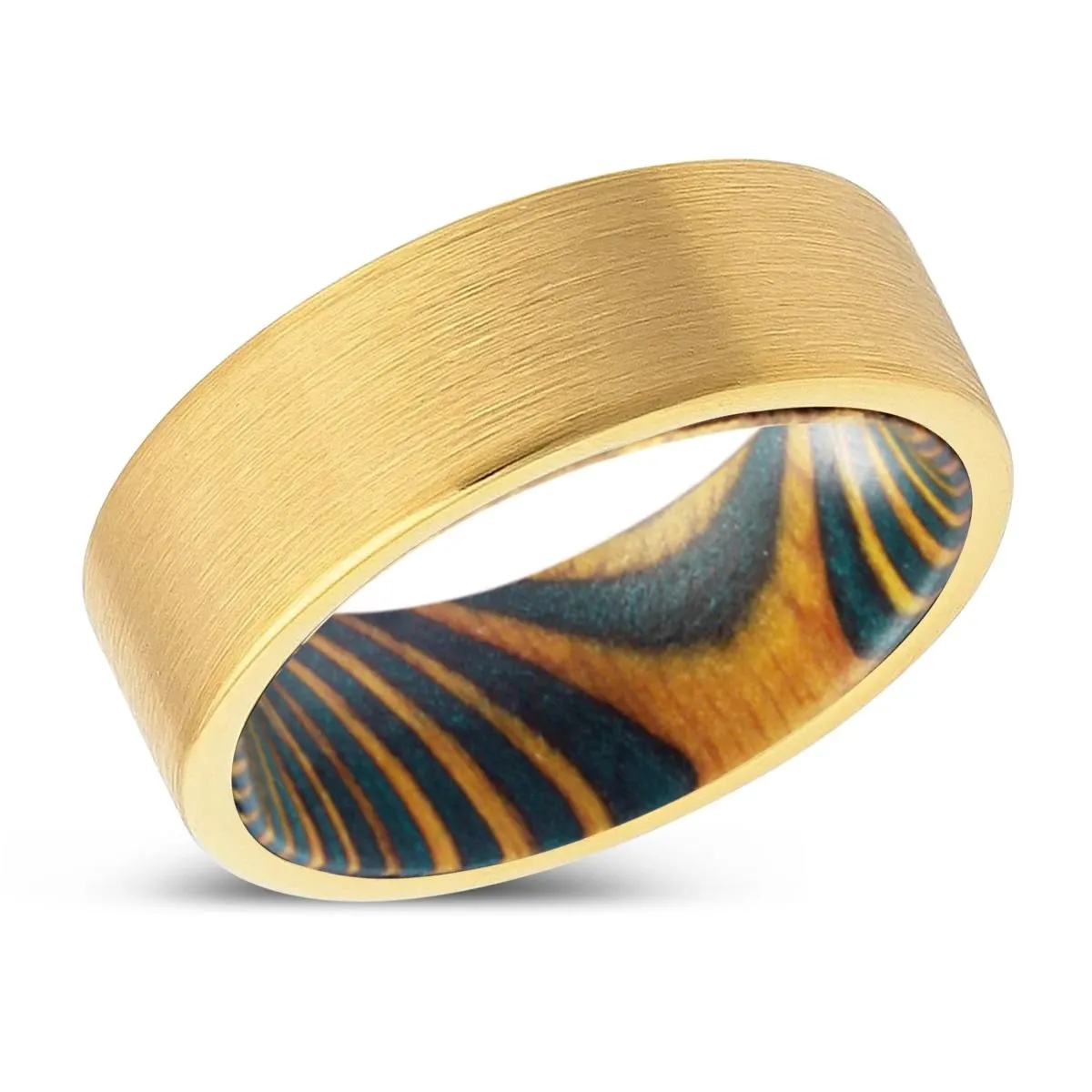 KATOKA | Green & Yellow Wood, Gold Tungsten Ring, Brushed, Flat