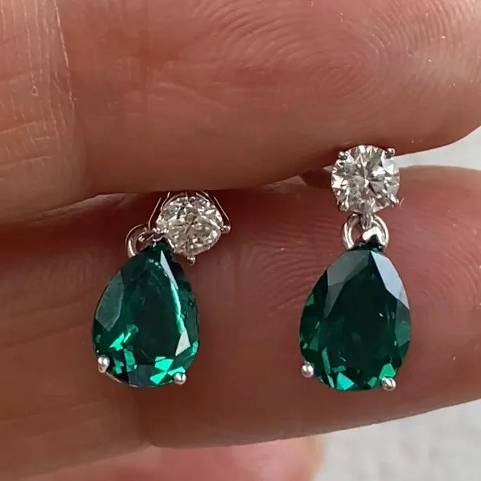 Lab Emerald and Diamond Teardrop Earrings