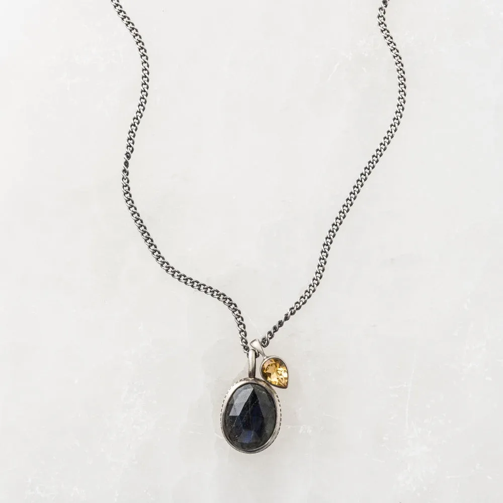 Labradorite Oval Necklace with Citrine on Curb Chain