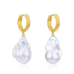 Large Baroque Pearl Hoop Earrings Matte Gold Finish