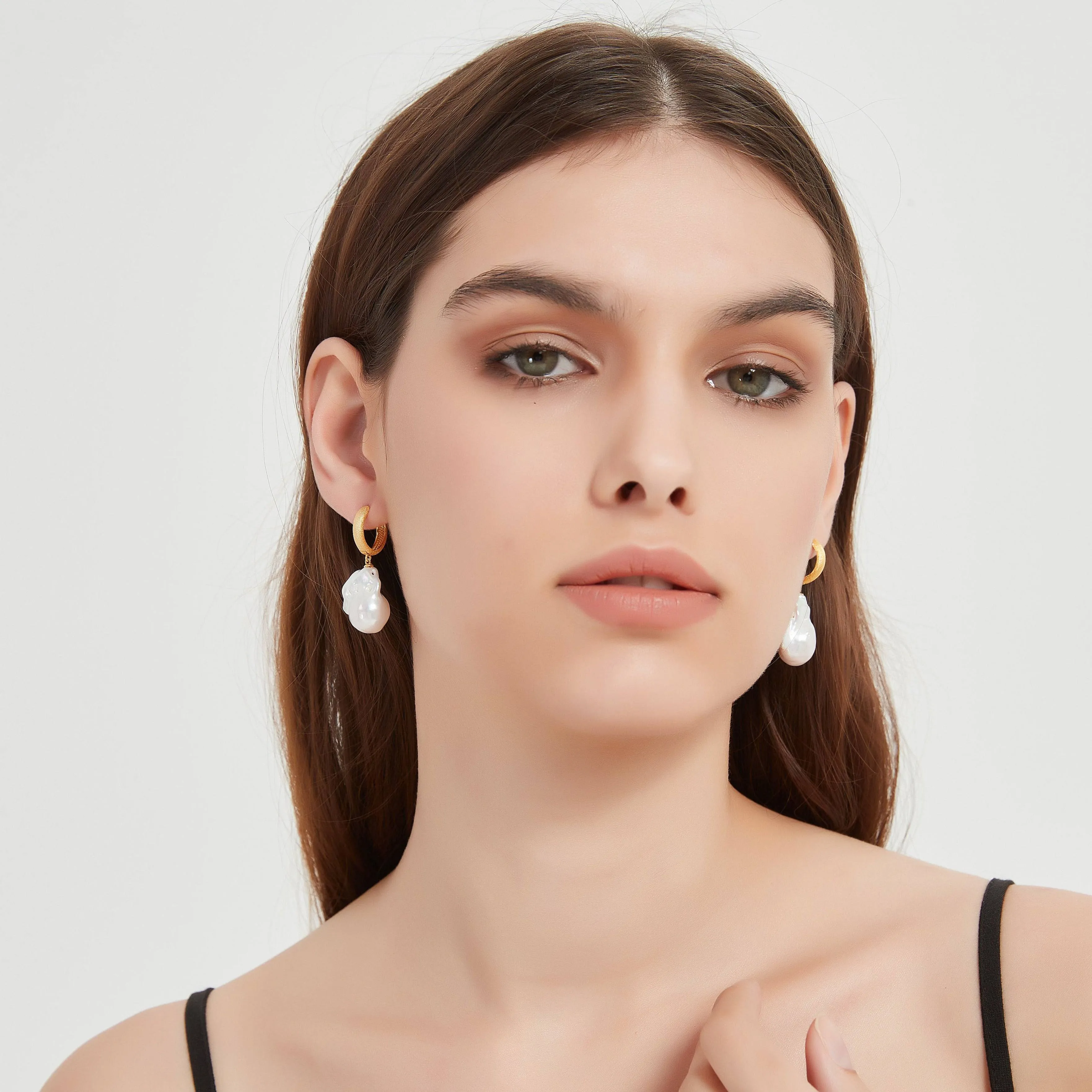 Large Baroque Pearl Hoop Earrings Matte Gold Finish