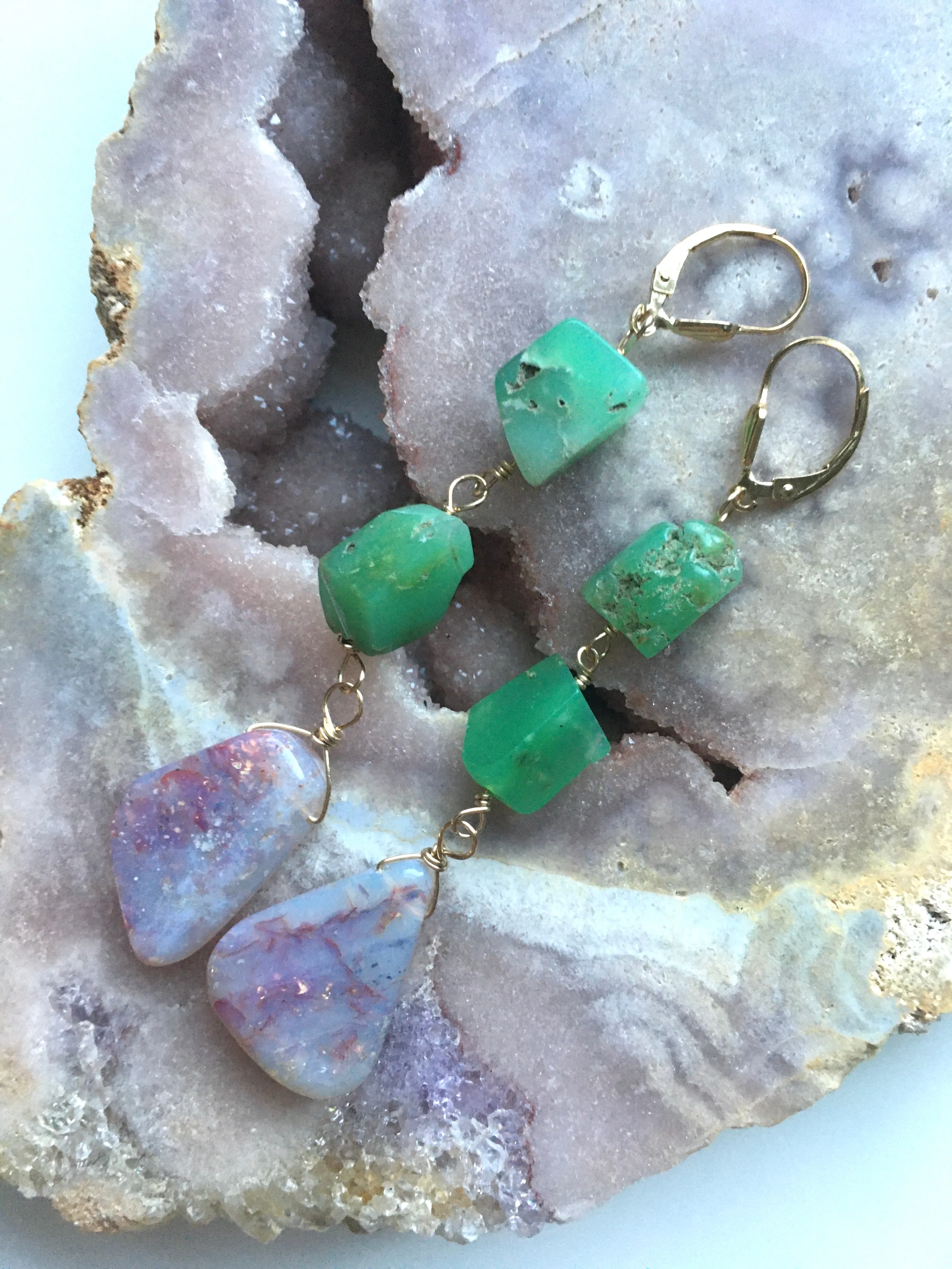 Large Opal Dangle  Earrings with Chrysoprase Gold Filled