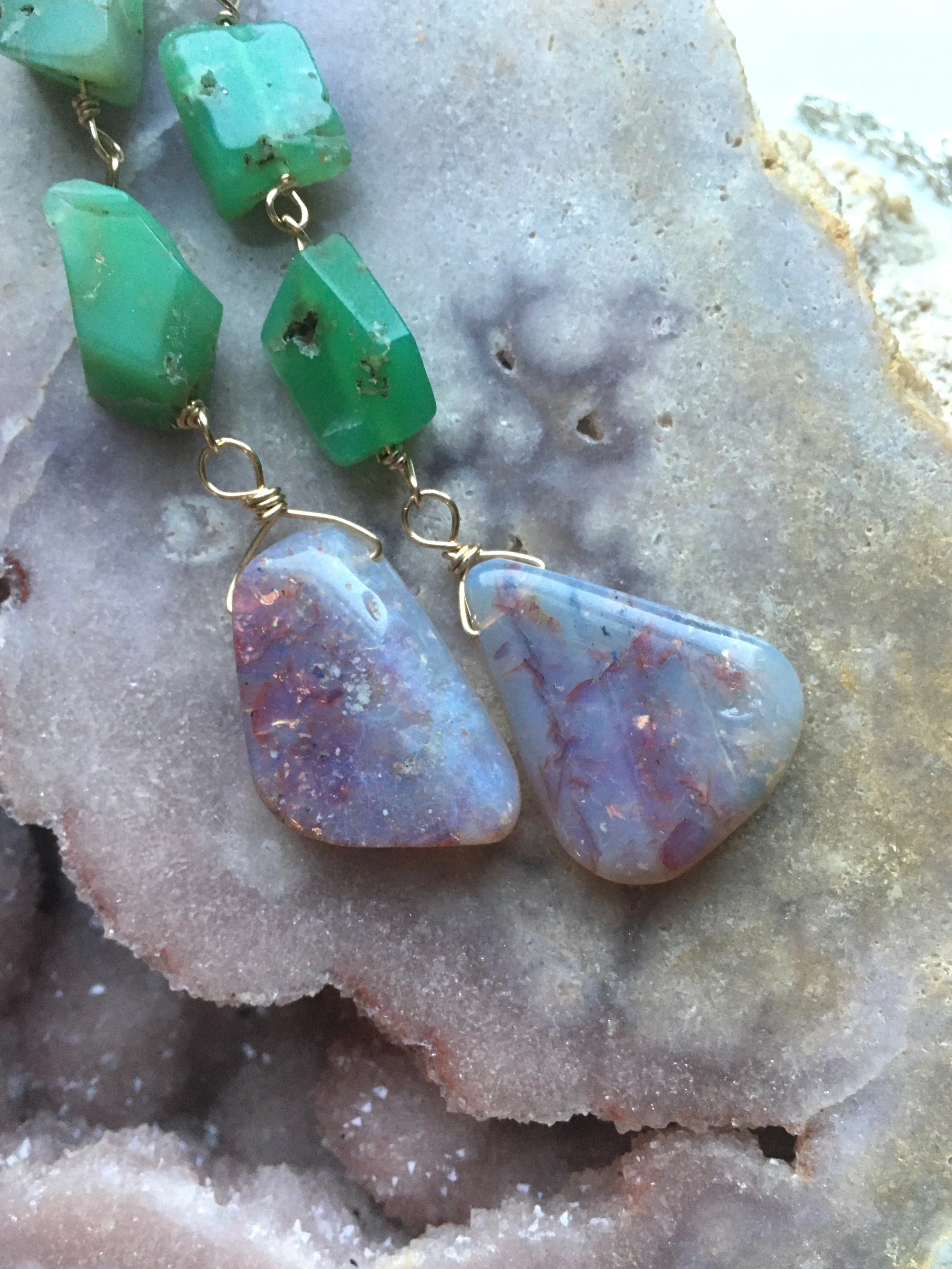 Large Opal Dangle  Earrings with Chrysoprase Gold Filled