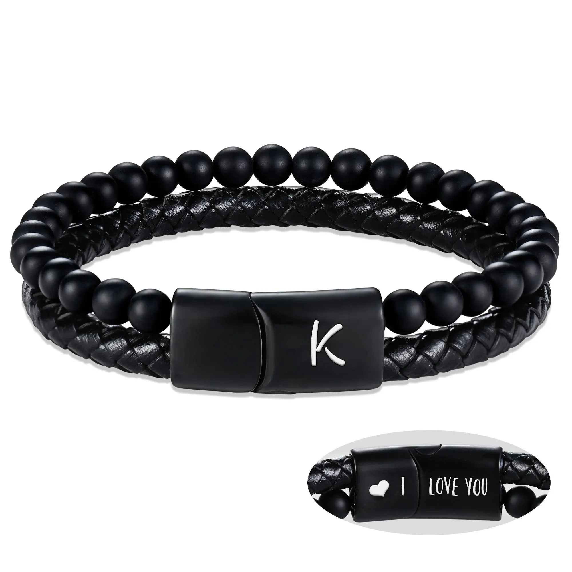 Leather Bracelet for Men Initial K Layered Black Beaded Bracelets I Love You Gifts for Him