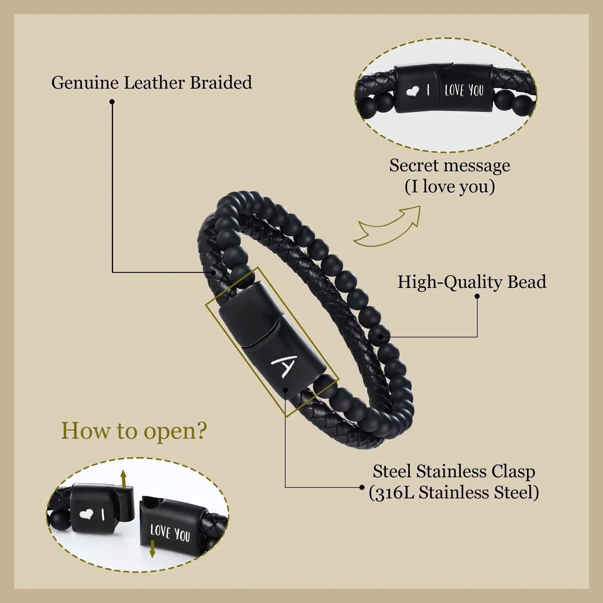 Leather Bracelet for Men Initial Q Layered Black Beaded Bracelets I Love You Gifts for Him