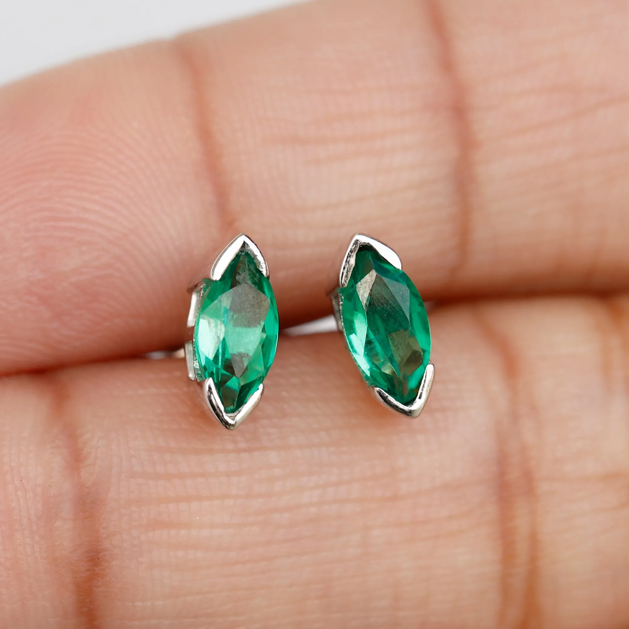 Marquise Cut Lab Grown Emerald Solitaire Stud Earrings