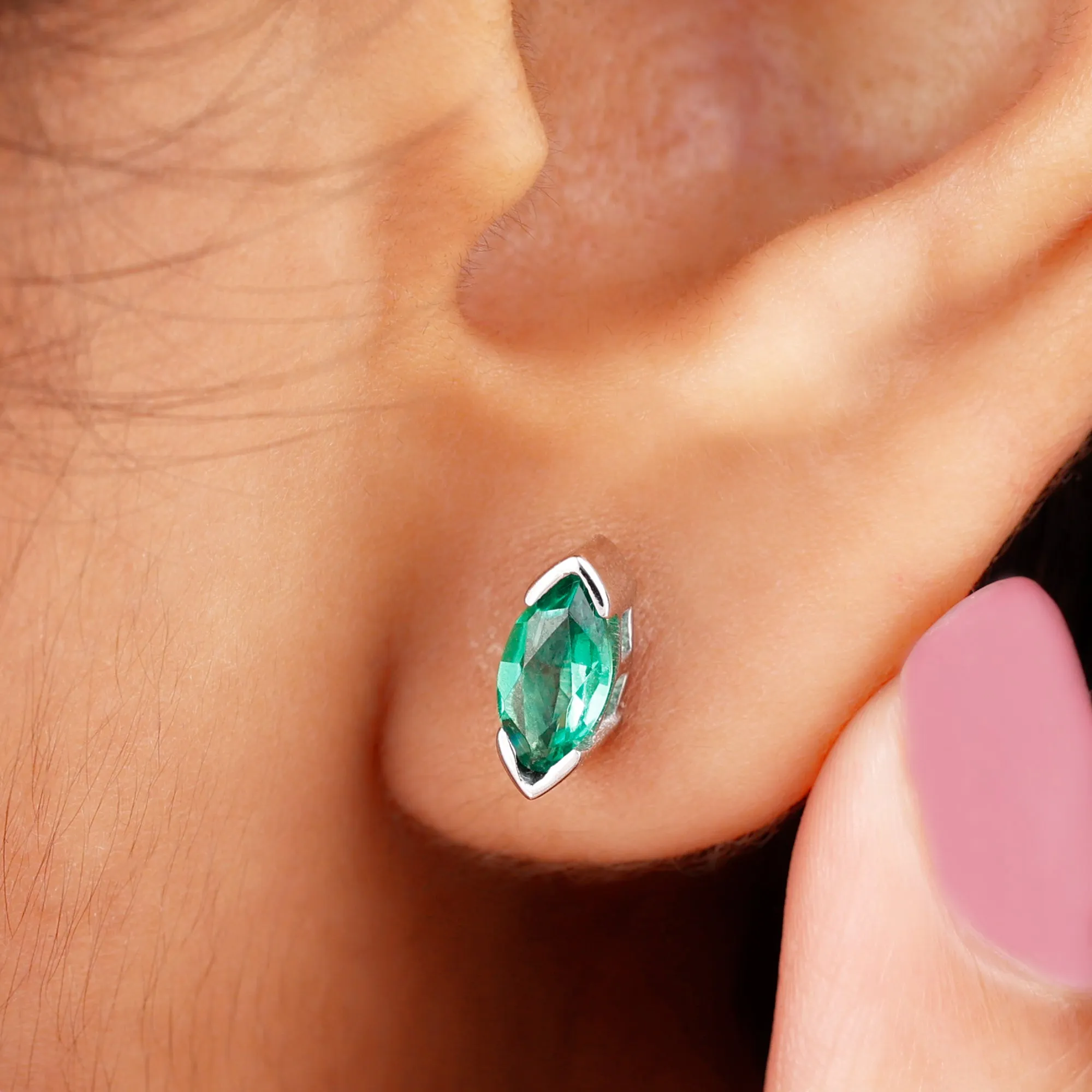 Marquise Cut Lab Grown Emerald Solitaire Stud Earrings