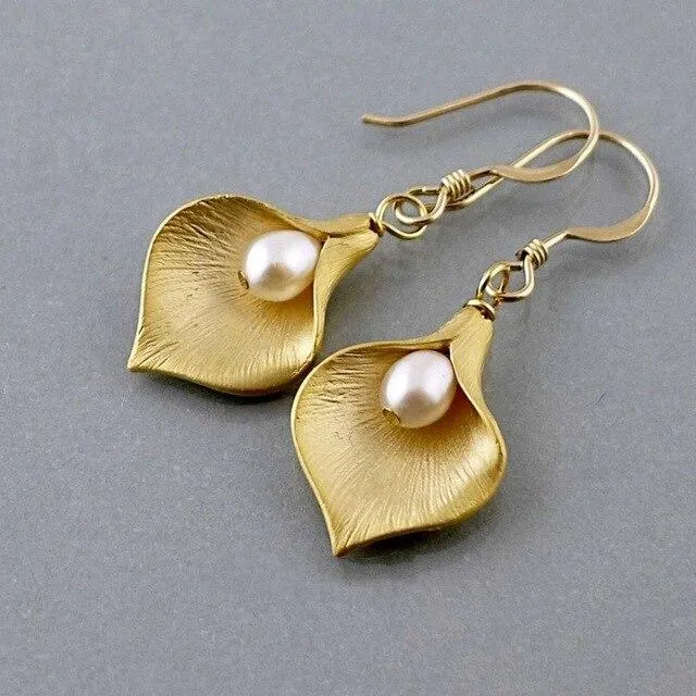 Metal Leaf Drop Gold Silver Color Heart Geometric Irregular Pearl Earrings