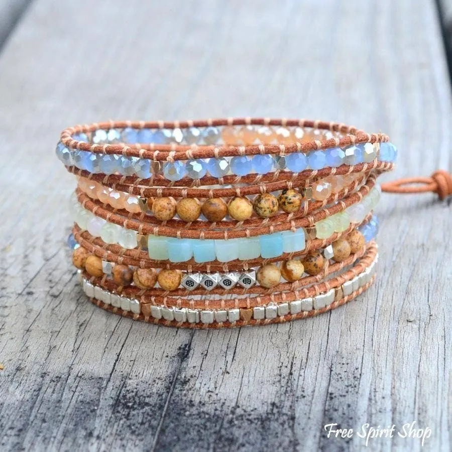 Natural Amazonite & Jasper Leather Wrap Bracelet by Free Spirit