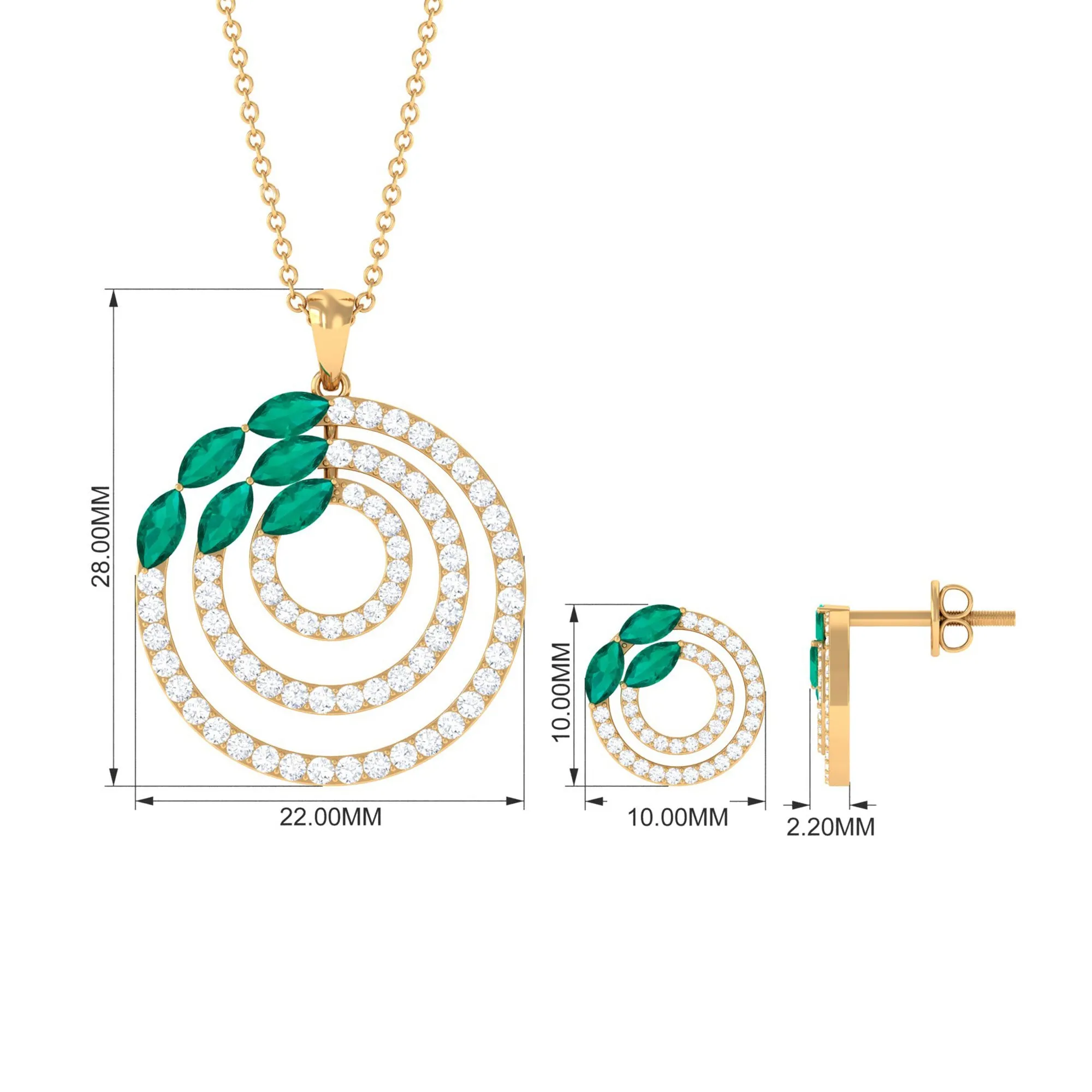 Natural Emerald and Moissanite Cocktail jewelry Set in Gold