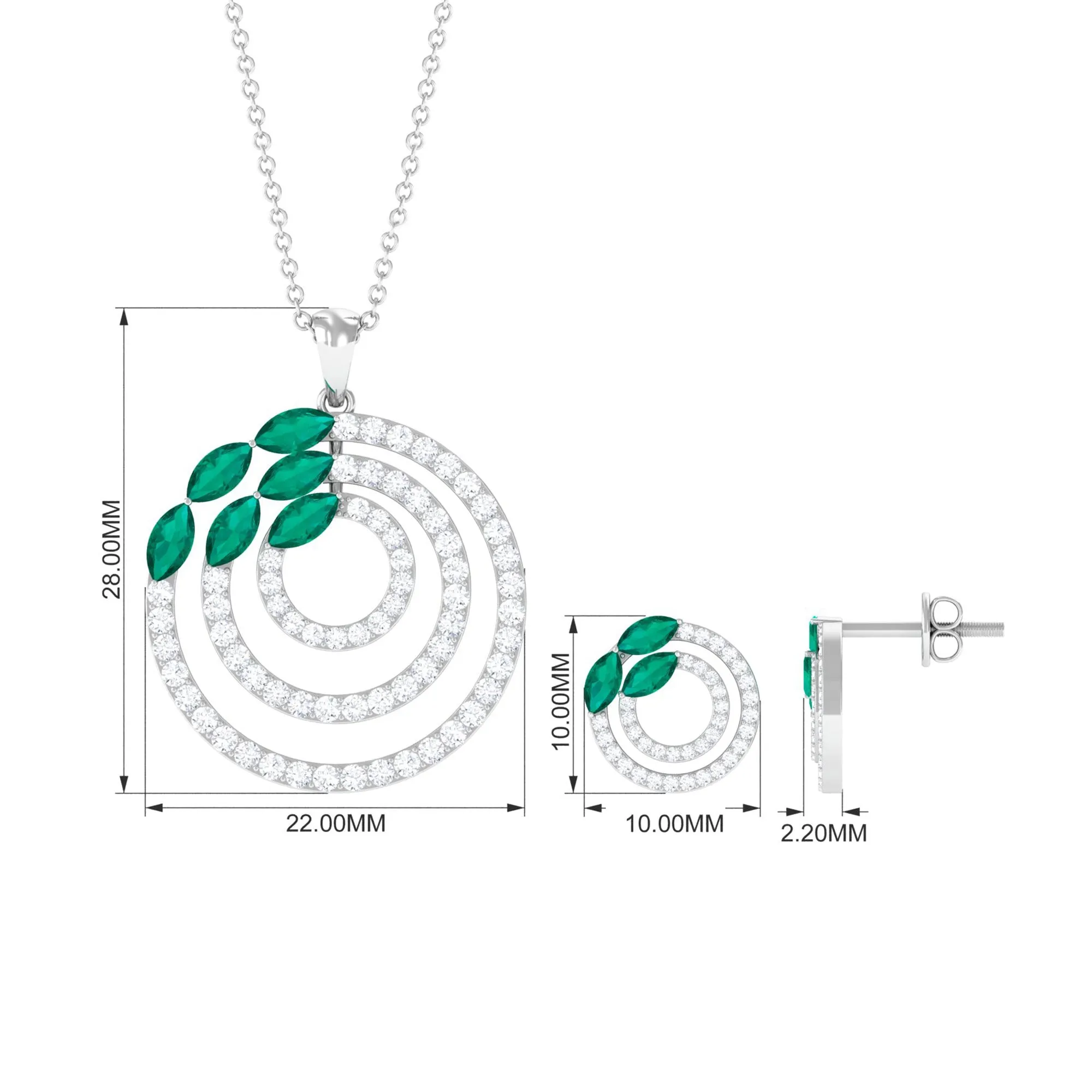 Natural Emerald and Moissanite Cocktail jewelry Set in Gold