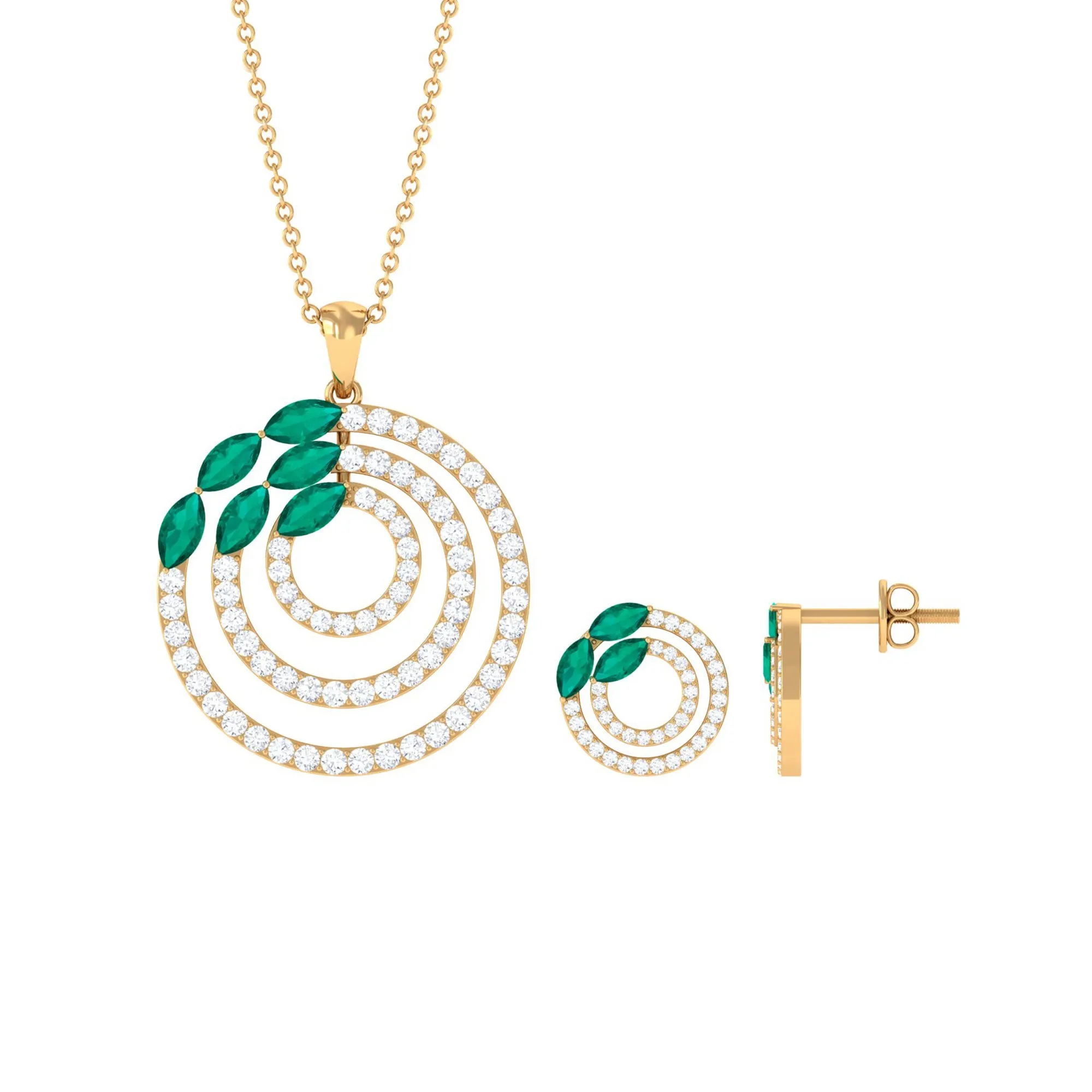 Natural Emerald and Moissanite Cocktail jewelry Set in Gold