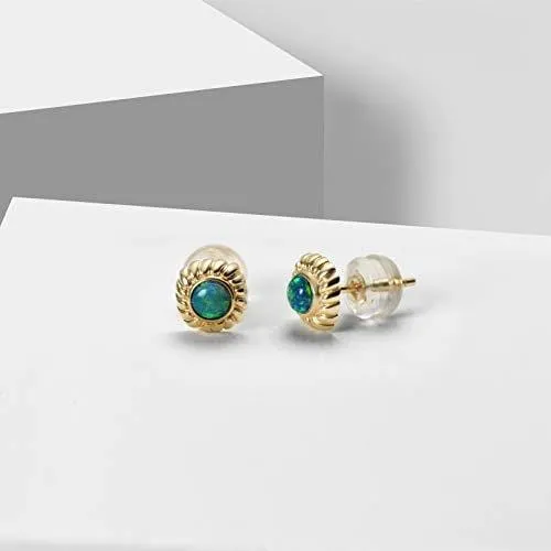 Natural Fire Blue Opal 18K Solid Yellow Gold Small Stud Earrings