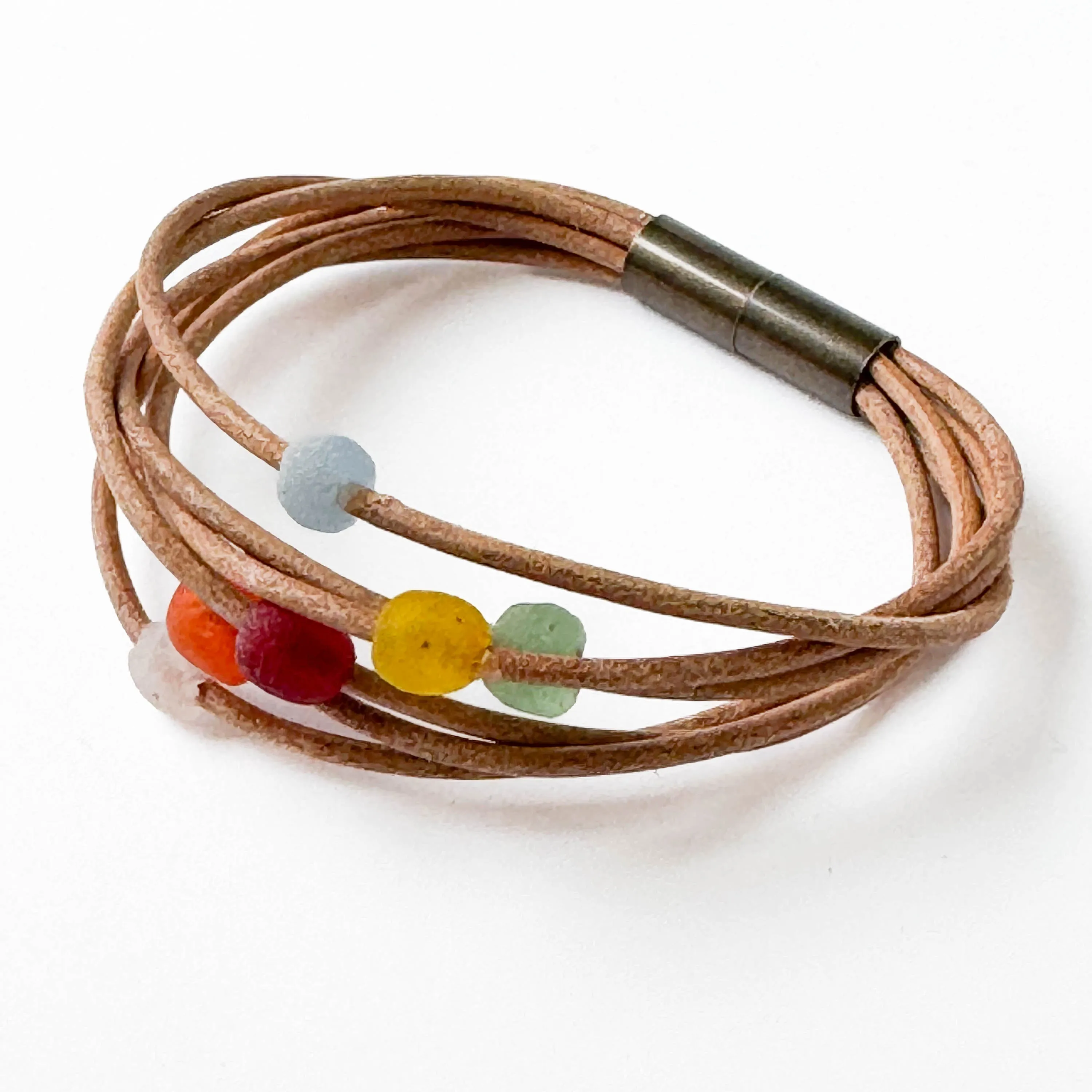 Natural Leather and Colorful Recycle Glass Beads - WS