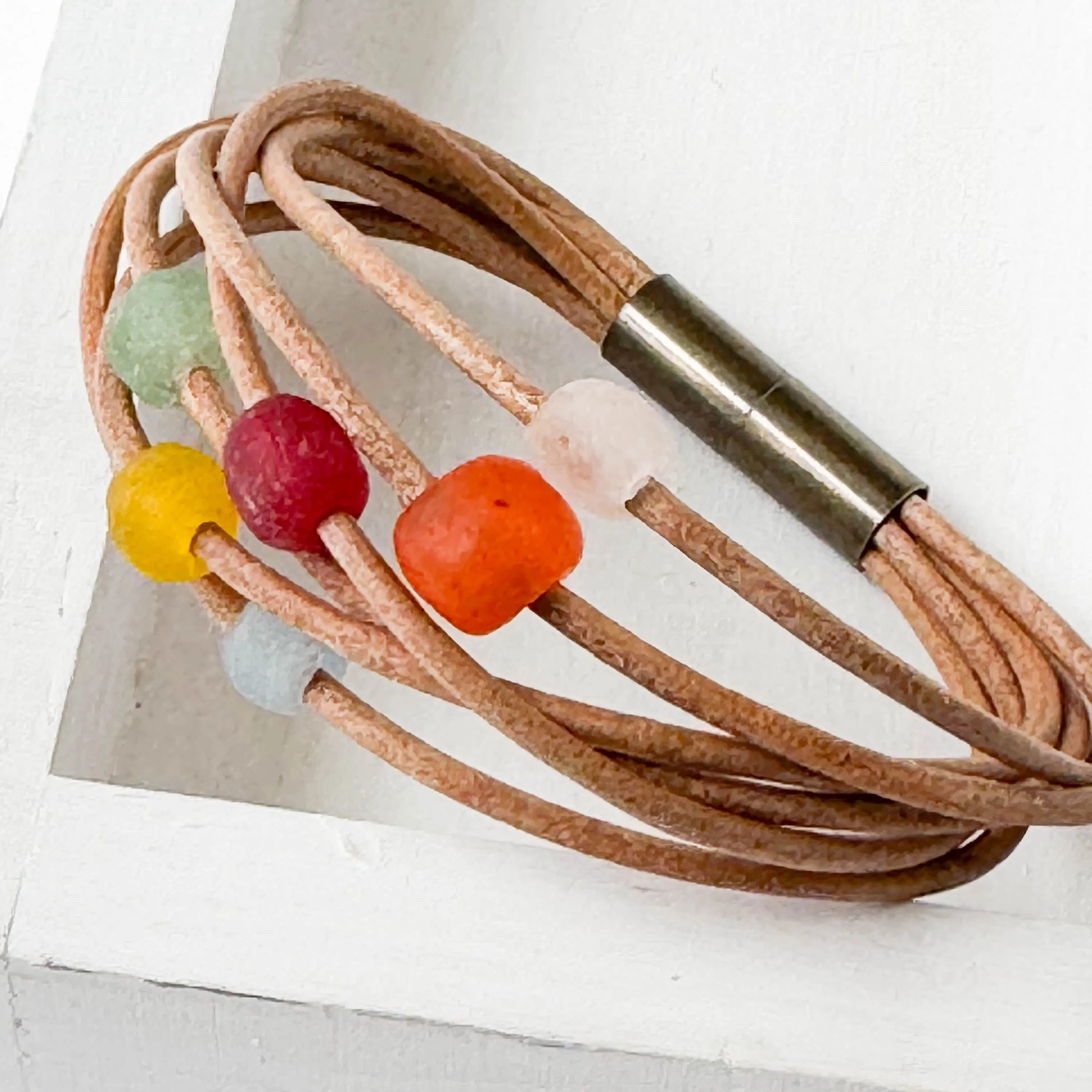 Natural Leather and Colorful Recycle Glass Beads - WS