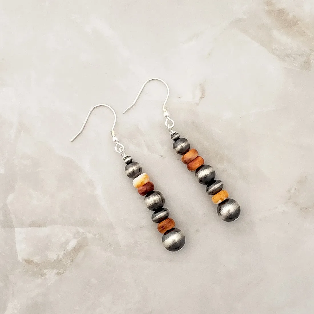 Navajo Pearls & Orange Spiny Oyster Drop Dangle Earrings Sterling Silver NPE017