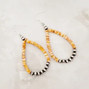 Navajo Pearls & Orange Spiny Oyster Heishi Tear Drop Dangle Earrings Sterling Silver NPE008