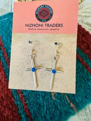 Navajo Sterling Silver & Blue Opal Cross Dangle Earrings