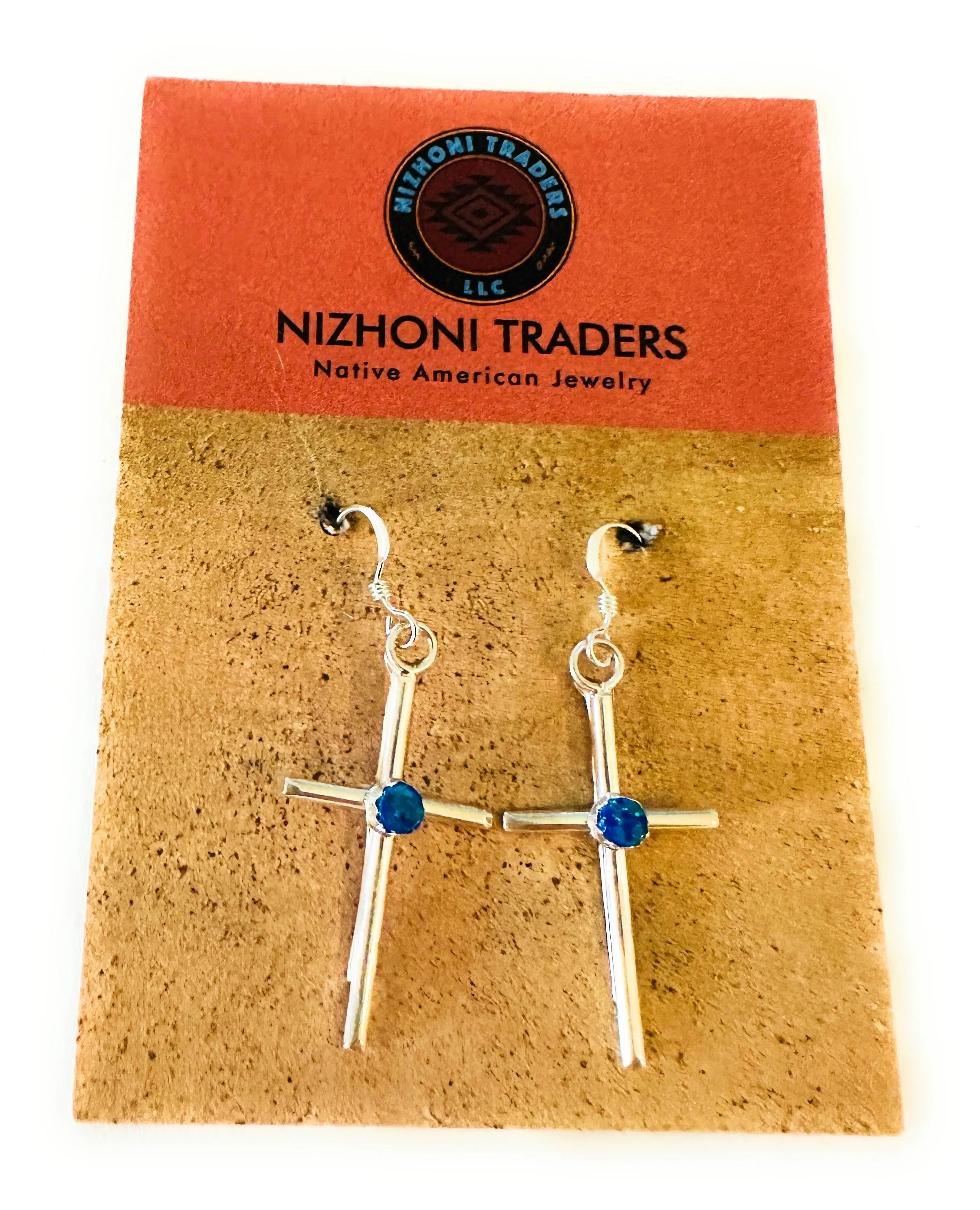 Navajo Sterling Silver & Blue Opal Cross Dangle Earrings