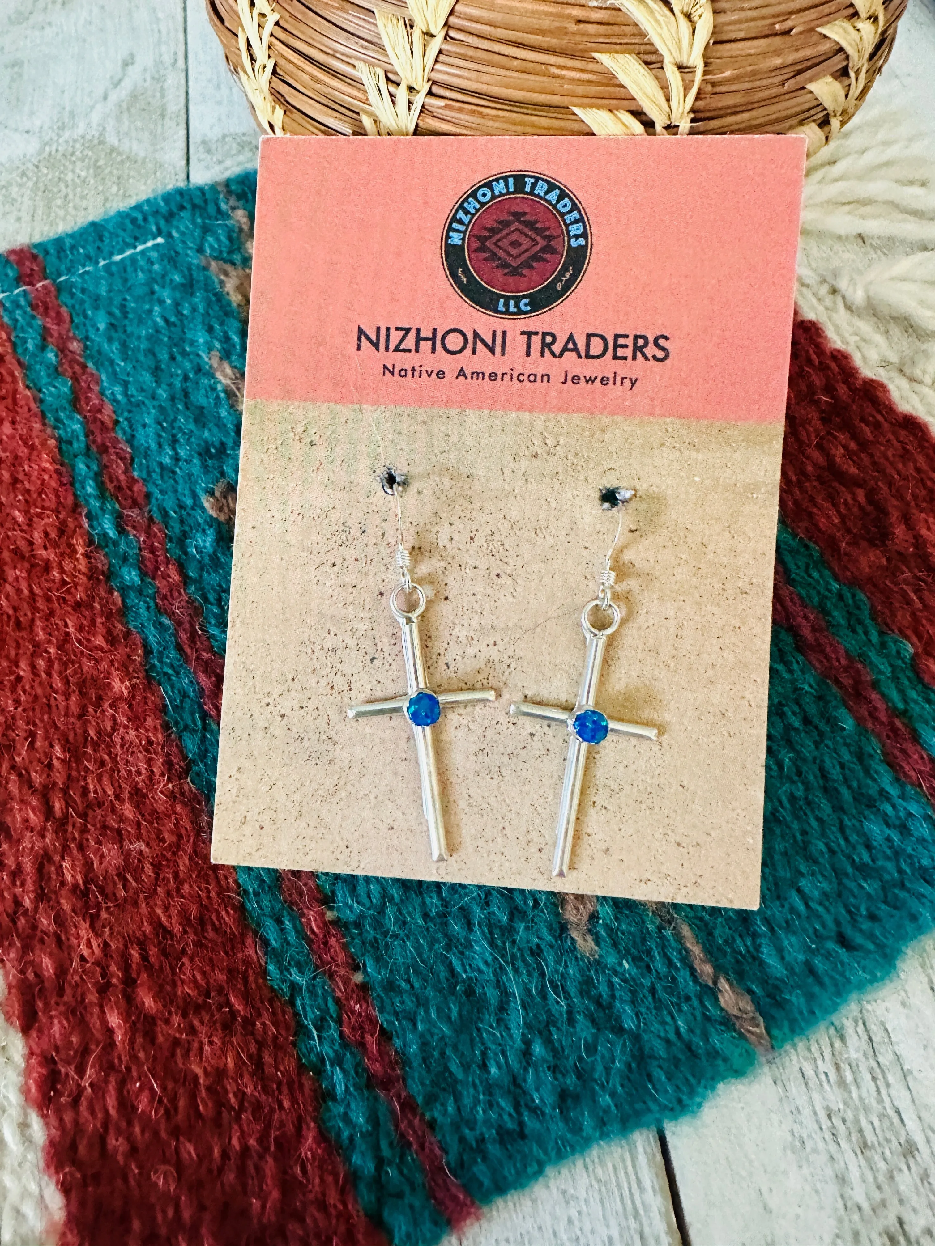 Navajo Sterling Silver & Blue Opal Cross Dangle Earrings