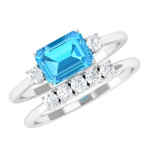 Octagon Cut Swiss Blue Topaz Contemporary Wedding Ring Set with Moissanite