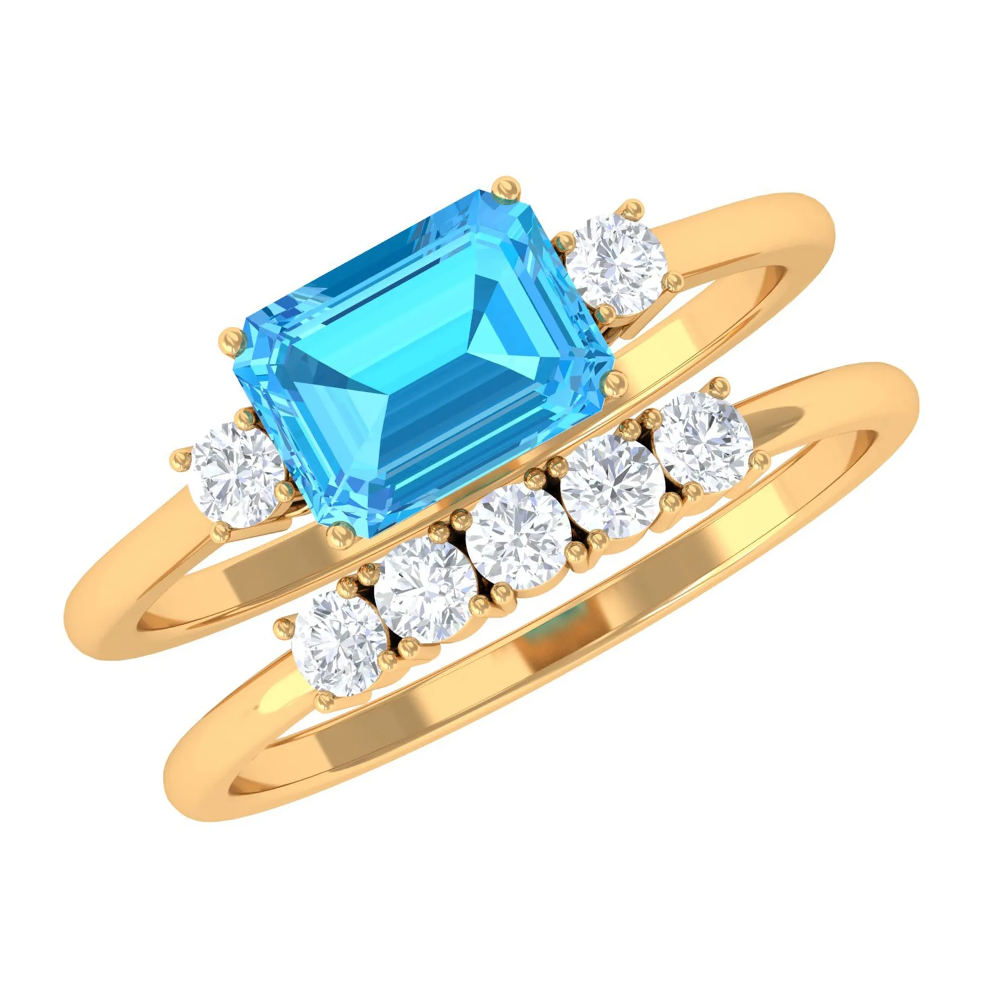 Octagon Cut Swiss Blue Topaz Contemporary Wedding Ring Set with Moissanite