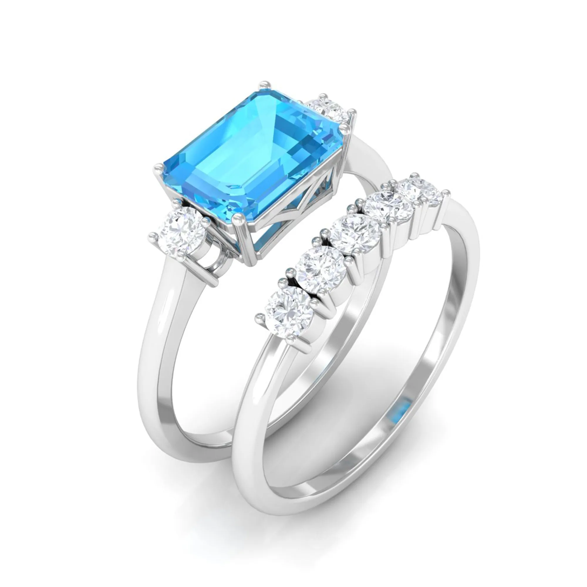 Octagon Cut Swiss Blue Topaz Contemporary Wedding Ring Set with Moissanite