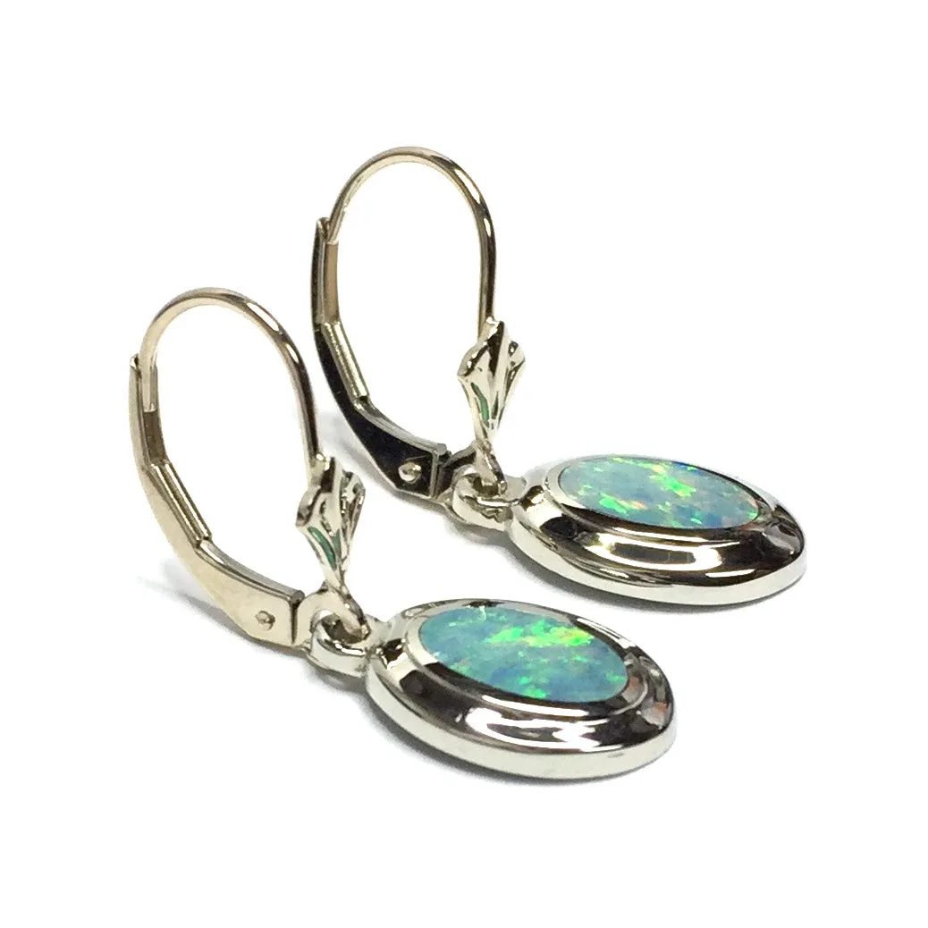 Opal Earrings Oval Inlaid Design Lever Backs