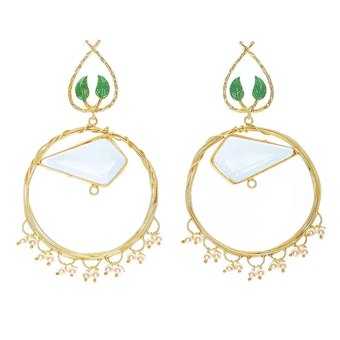 Opal Round Leaf Design Brass Frame Stud Earrings - Non-Allergic, Perfect for Every Occasion