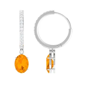 Oval Fire Opal Hinged Hoop Drop Earrings with Diamond