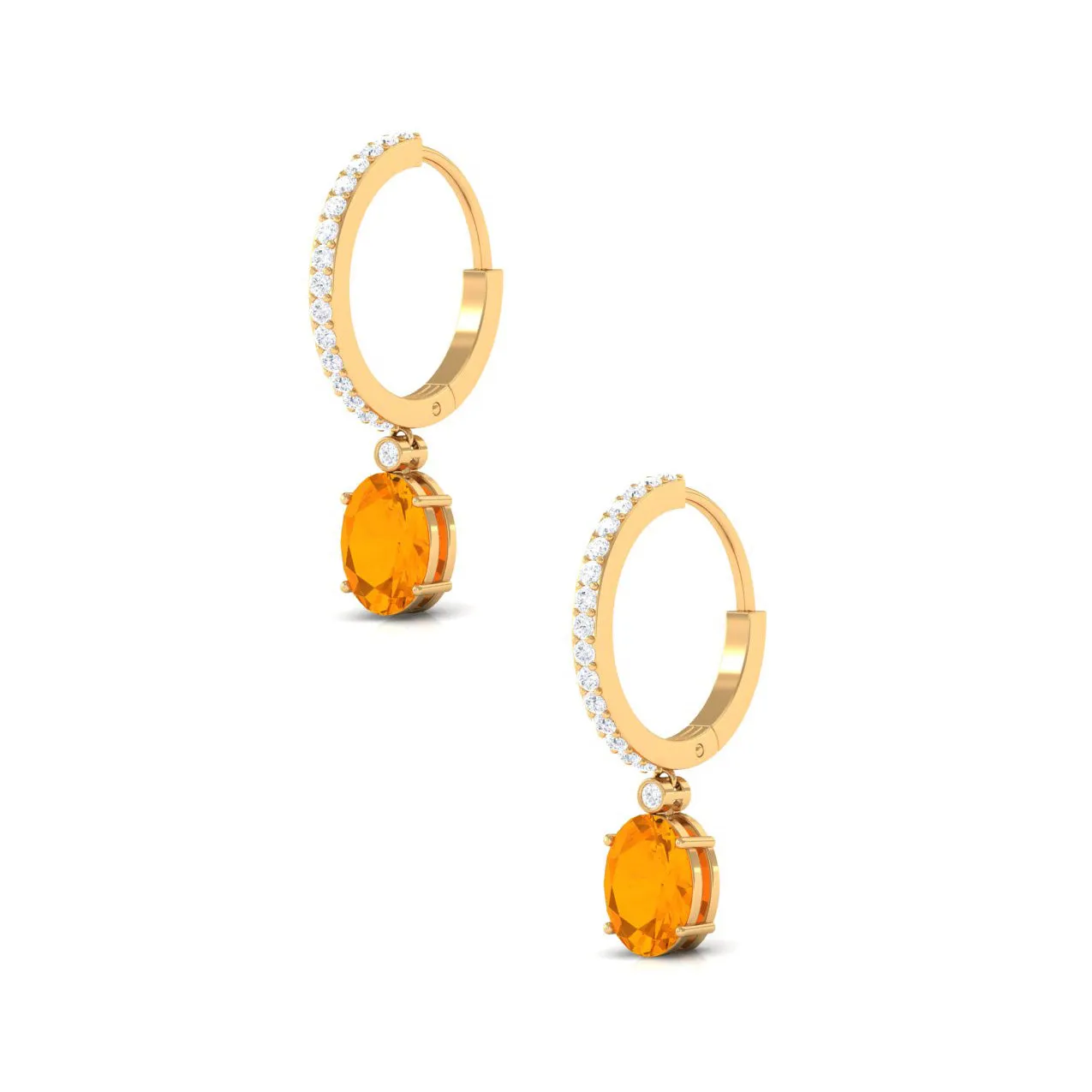 Oval Fire Opal Hinged Hoop Drop Earrings with Diamond