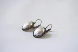 Pearl Cabochon Earrings with Crown Settings - Large Oval