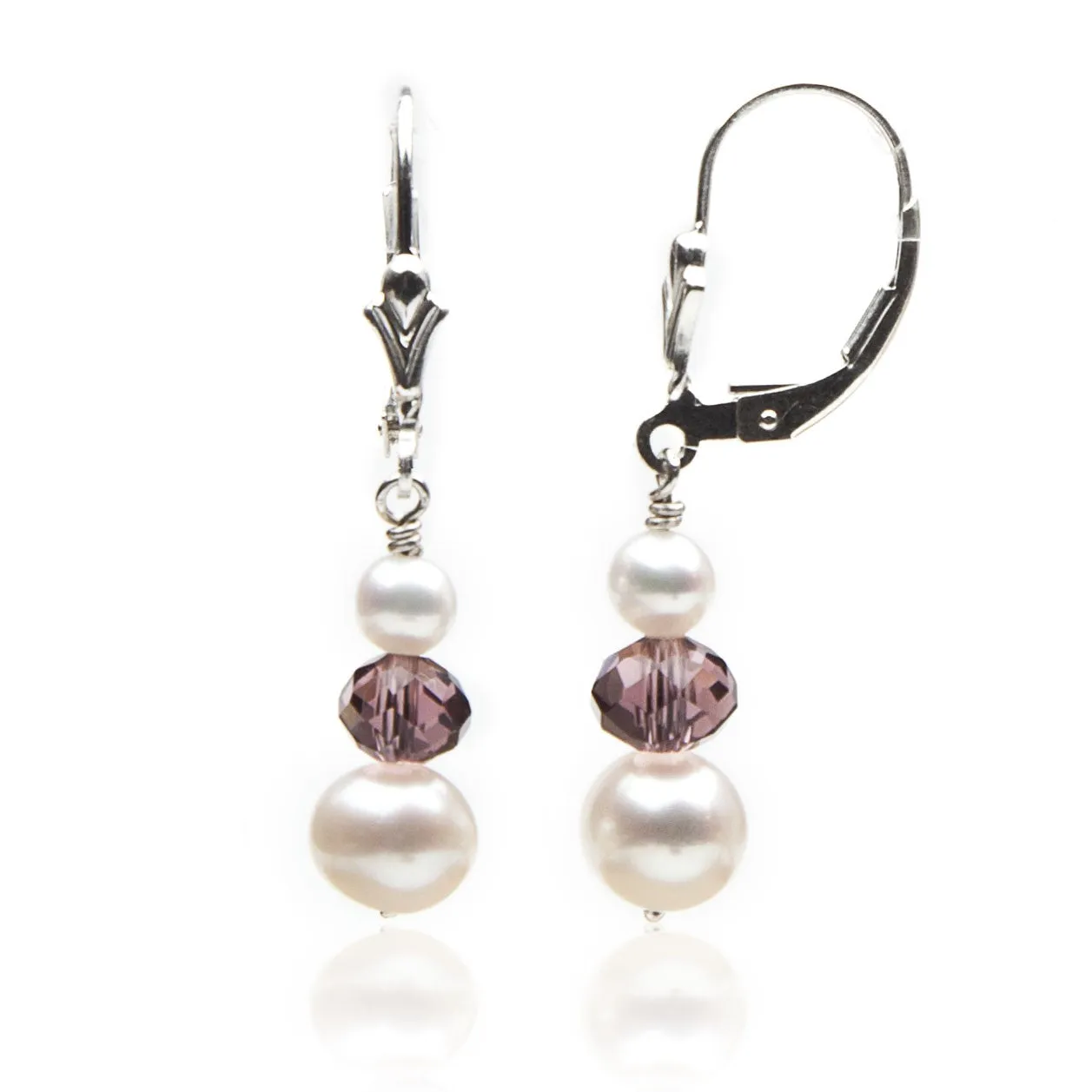 Pearl Dangle Earrings | White and Pink Crystal | Genuine Cultured Pearls