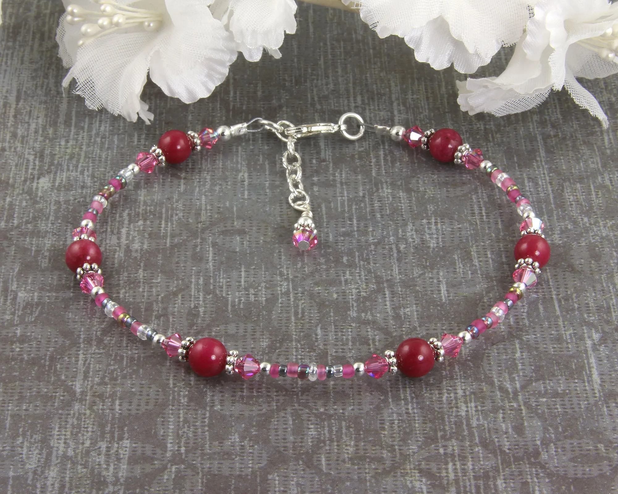 Pink Jade Crystal Silver-Plated Anklet