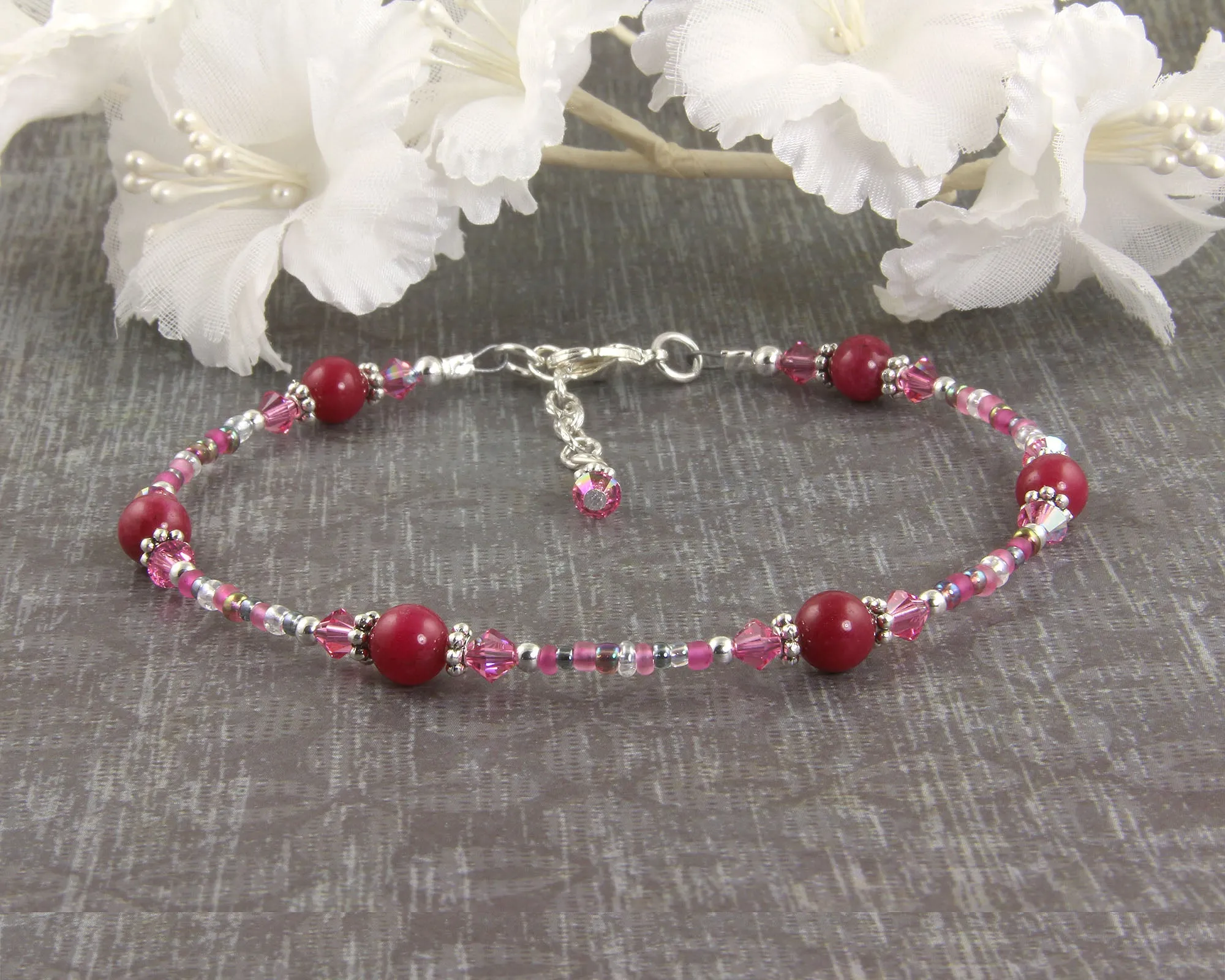 Pink Jade Crystal Silver-Plated Anklet