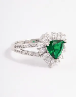 Rhodium Emerald Triangular Flare Ring