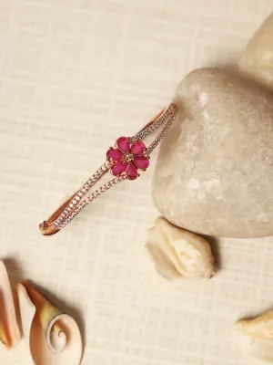 Rose Gold-Plated American Diamond And Ruby Studded Floral Patterned Bracelet