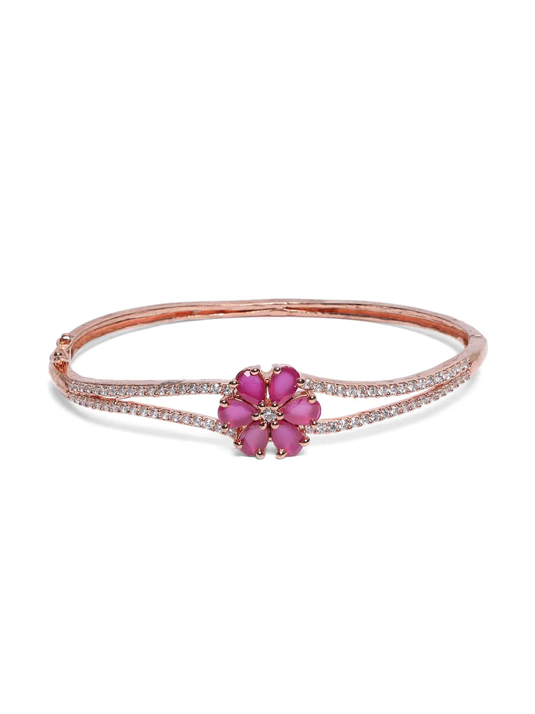 Rose Gold-Plated American Diamond And Ruby Studded Floral Patterned Bracelet