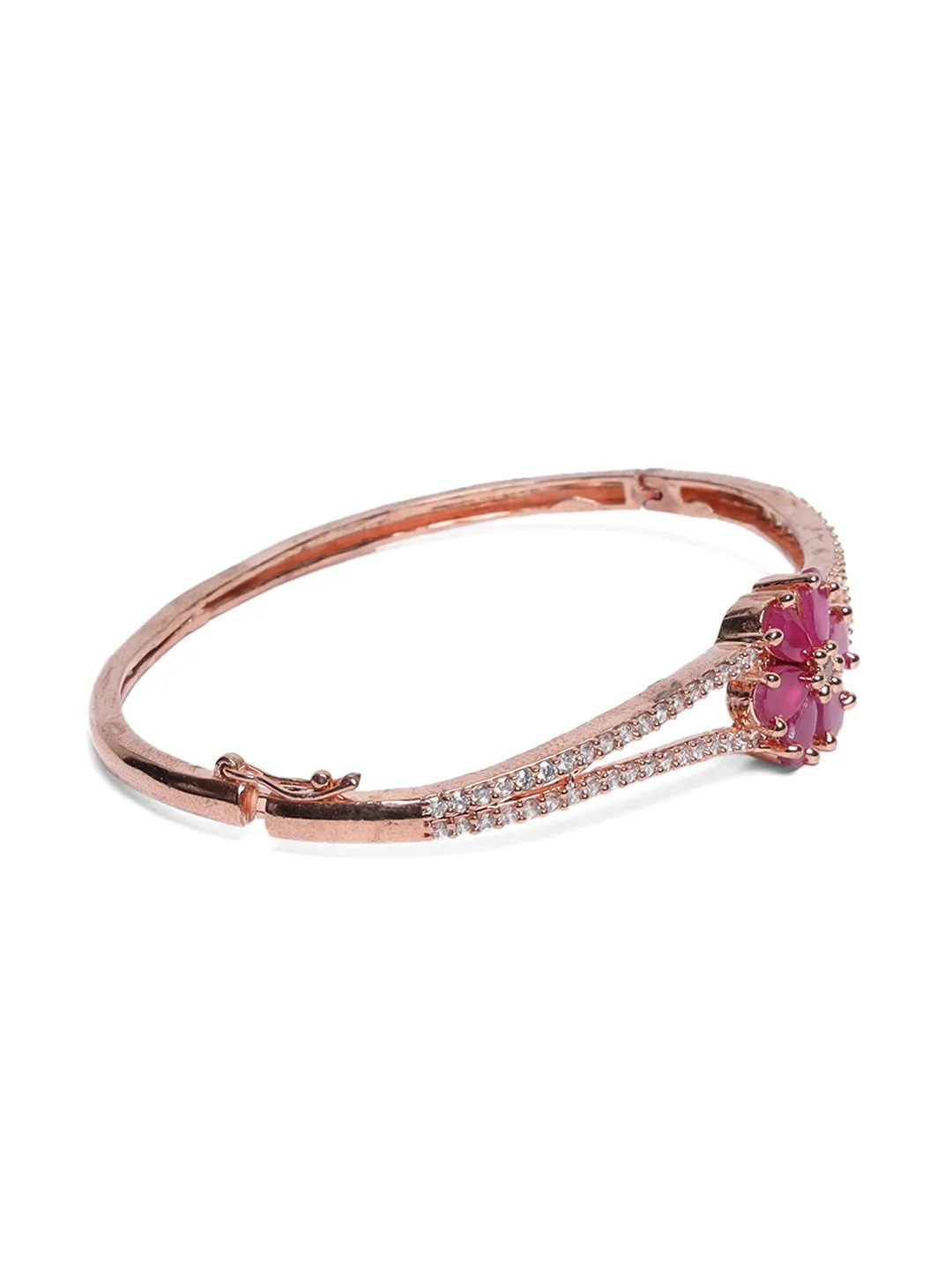 Rose Gold-Plated American Diamond And Ruby Studded Floral Patterned Bracelet