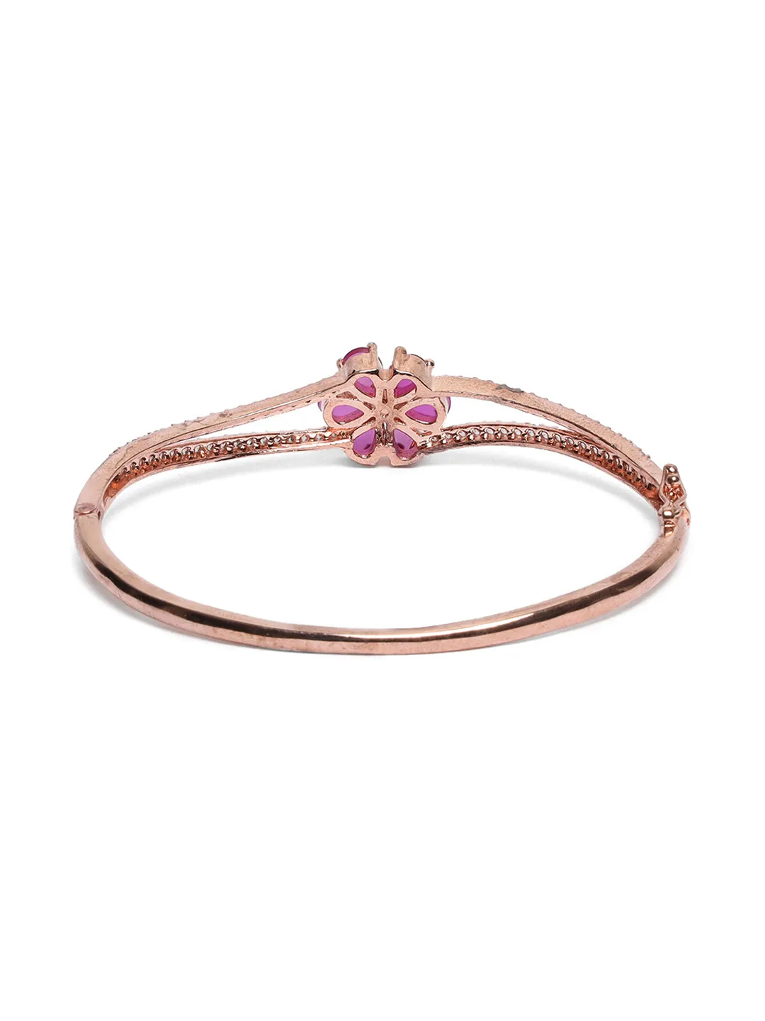 Rose Gold-Plated American Diamond And Ruby Studded Floral Patterned Bracelet