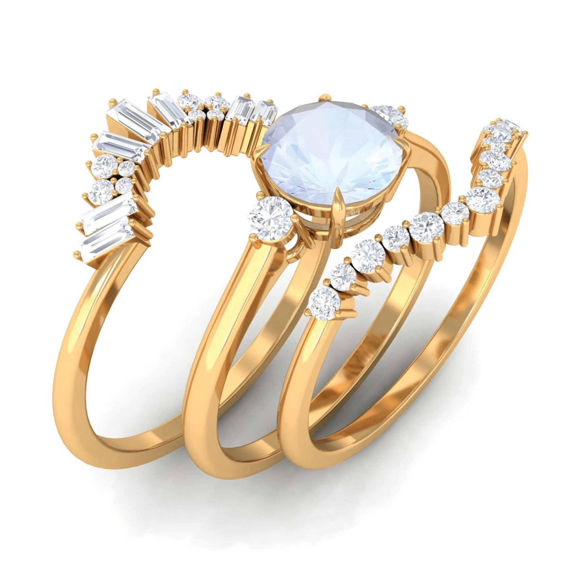 Round Moonstone Designer Trio Wedding Ring Set with Diamond