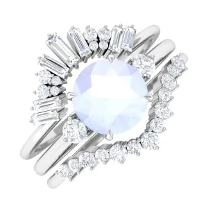 Round Moonstone Designer Trio Wedding Ring Set with Diamond