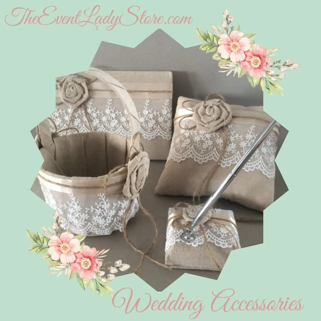 Rustic Wedding Flower Girl Basket-Guest Book-Pen-Ring Pillow Burlap Set With Lace and Bow Decoration