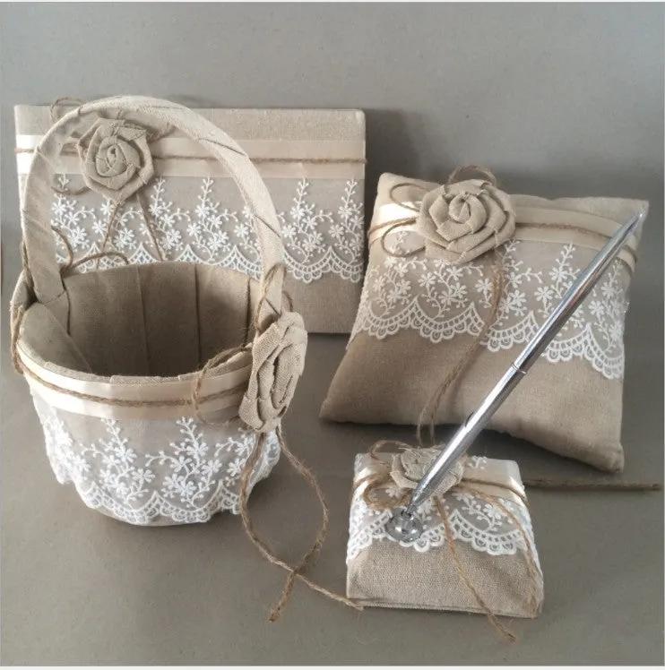 Rustic Wedding Flower Girl Basket-Guest Book-Pen-Ring Pillow Burlap Set With Lace and Bow Decoration