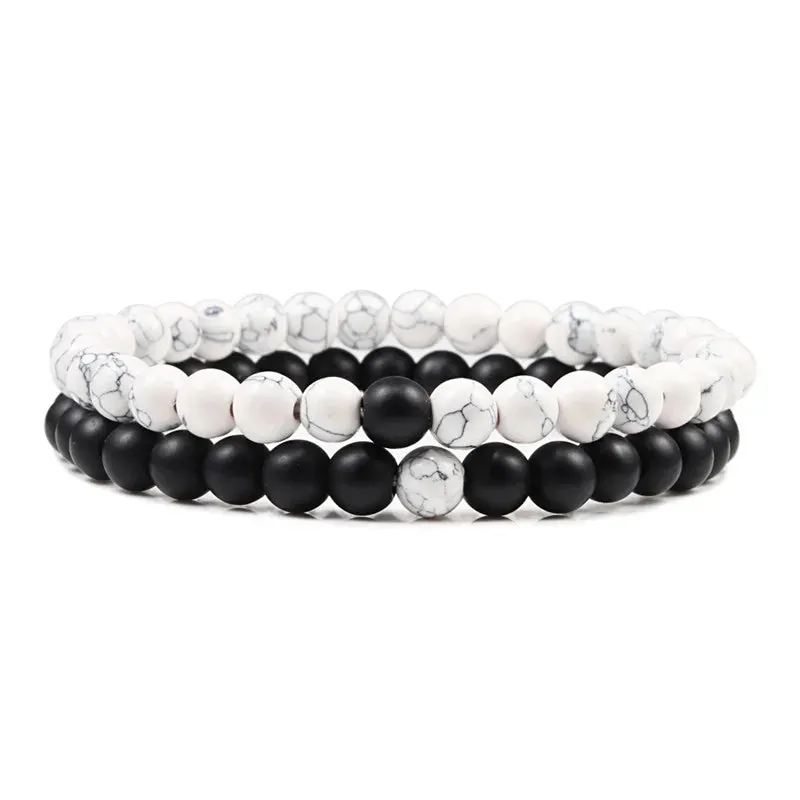 Set Bracelet Couples Distance Black White Natural Lava Stone Tiger Eye Beaded Yoga Bracelets for Men Women Elastic Rope Jewelry