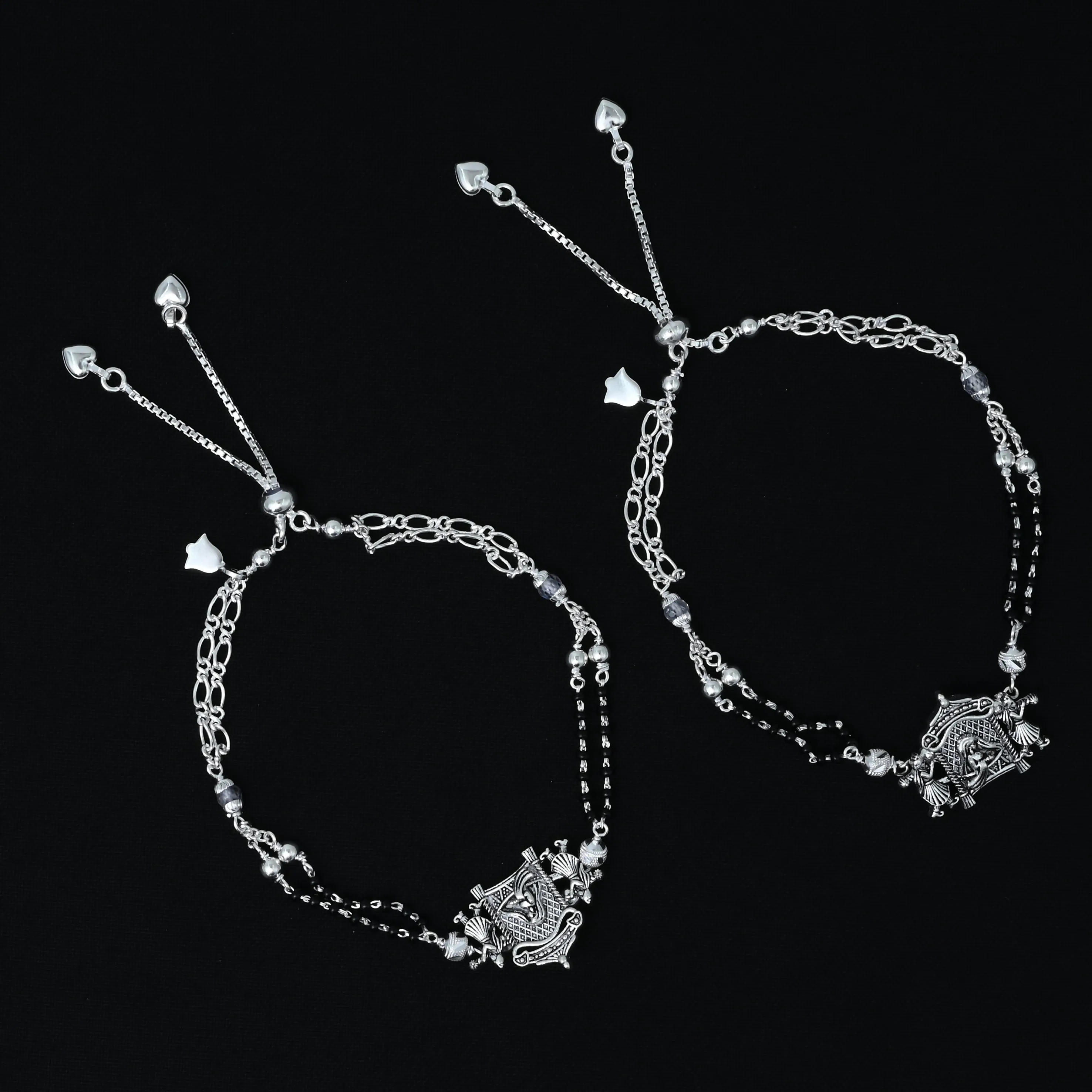 Silver Black Beads with Dulhan Doli Royal Design Anklet for Girls