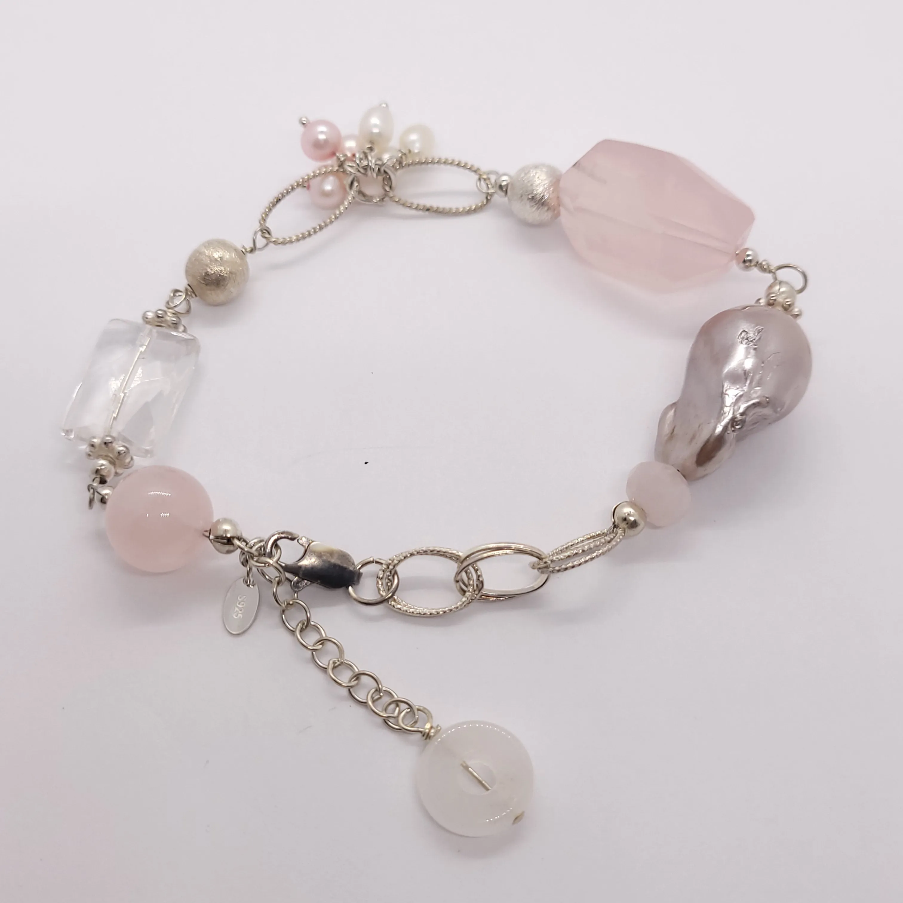 Silver Bracelet with Rose Quartz, Crystal and Pearls