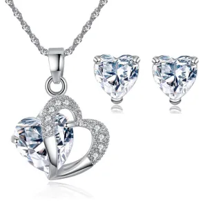 Silver Heart Necklace and Earrings Set