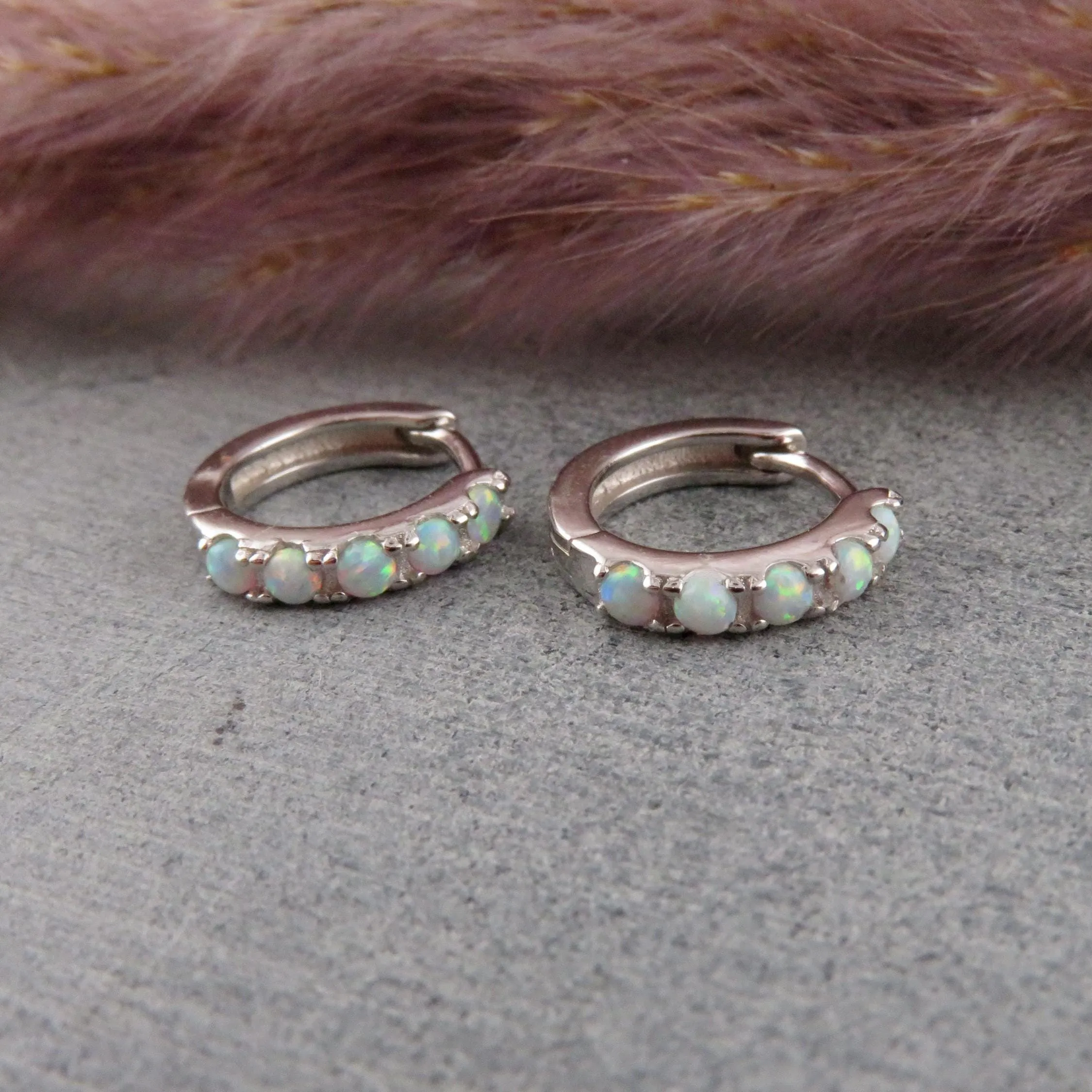 Silver Opal Hoop Earrings - White