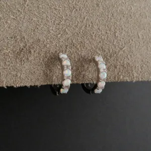 Silver Opal Hoop Earrings - White